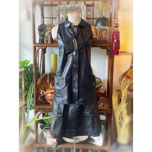 Vintage 1970's / Emanuel Ungaro / Black Leather A-Line Skirt and Vest Ensemble